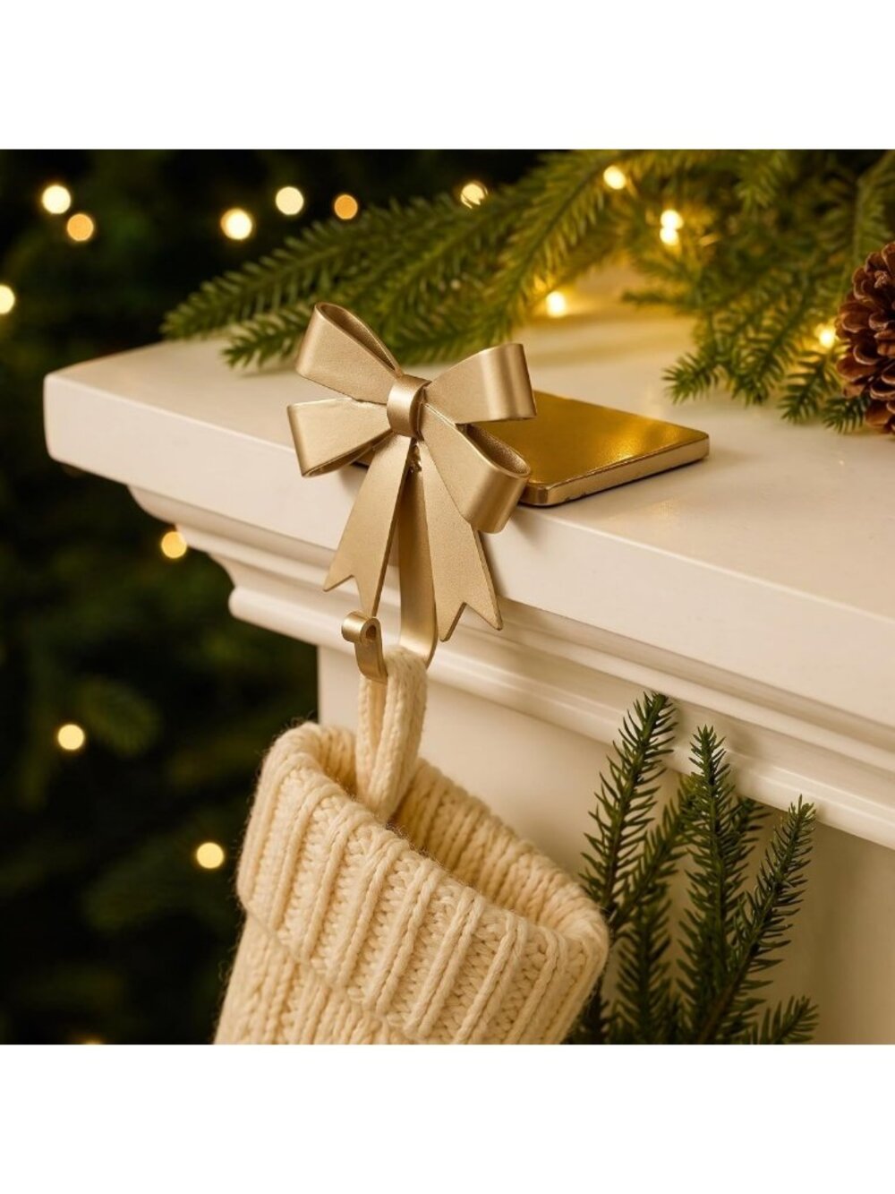 Set of 6 Heavy-Duty Gold Bow Christmas Stocking Holders - Metal Mantle Decor
